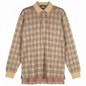 Burberry Shirt Mens Medium Rugby Polo Vintage 90s Check Plaid Long Sleeve Beige